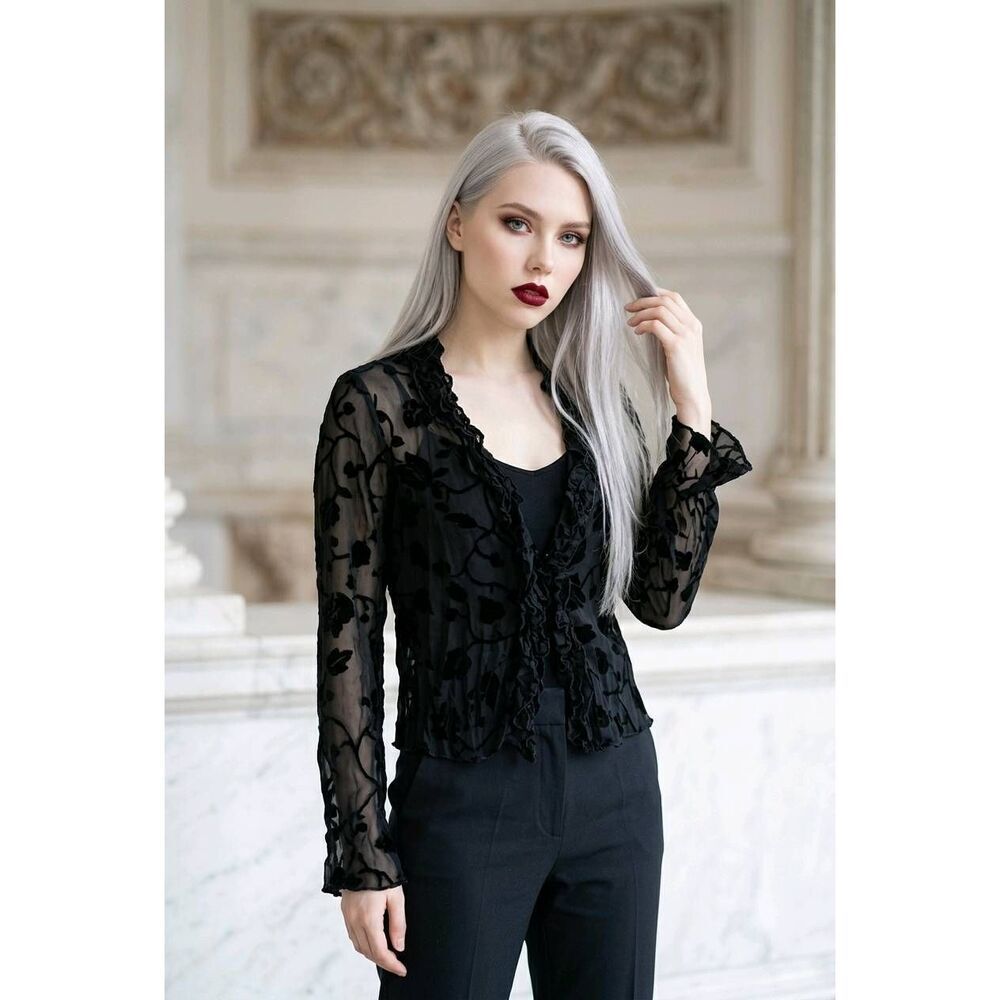 🔹️WHBM Black Floral Burnout Sheer Ruffle Cardigan Top Small